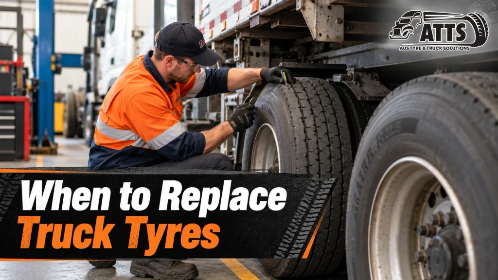 Heavy vehicle technician checking truck tyre tread and condition in a Perth workshop