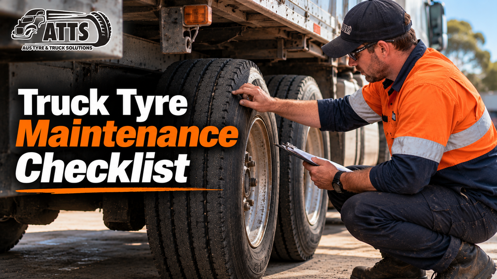 Heavy vehicle technician inspecting truck tyre tread and recording maintenance checks beside a commercial trailer