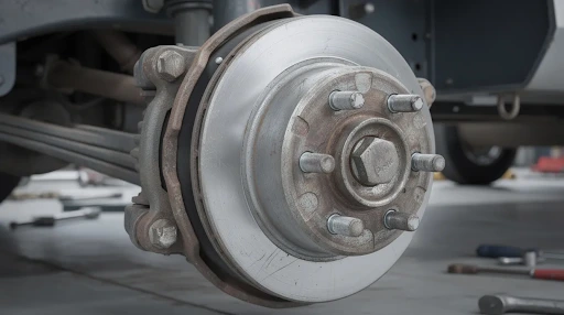 Close-up of a trailer wheel hub and brake disc assembly showing wheel studs and brake components during inspection.